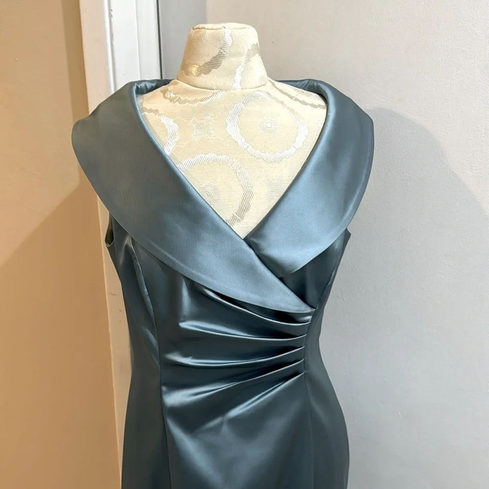 Silk Misty Blue Portrait Collar Ruched Sleeveless Tea Length Dress 10 - Picture 3 of 14